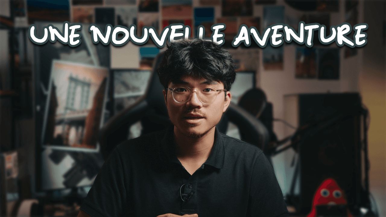 Vidéaste en plein tournage dans un environnement créatif, titre affiché "Une nouvelle aventure".