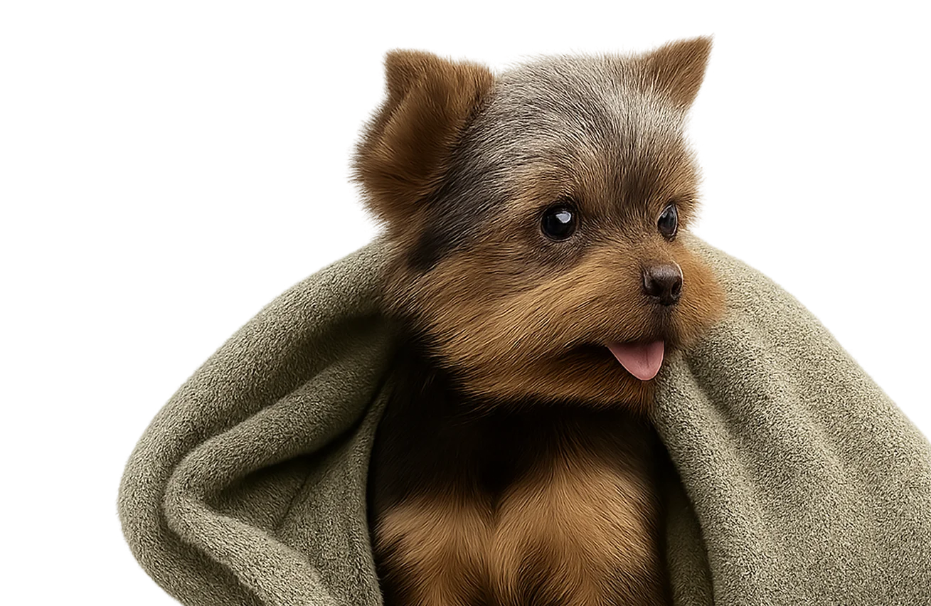 Puppy wrapped in towel
