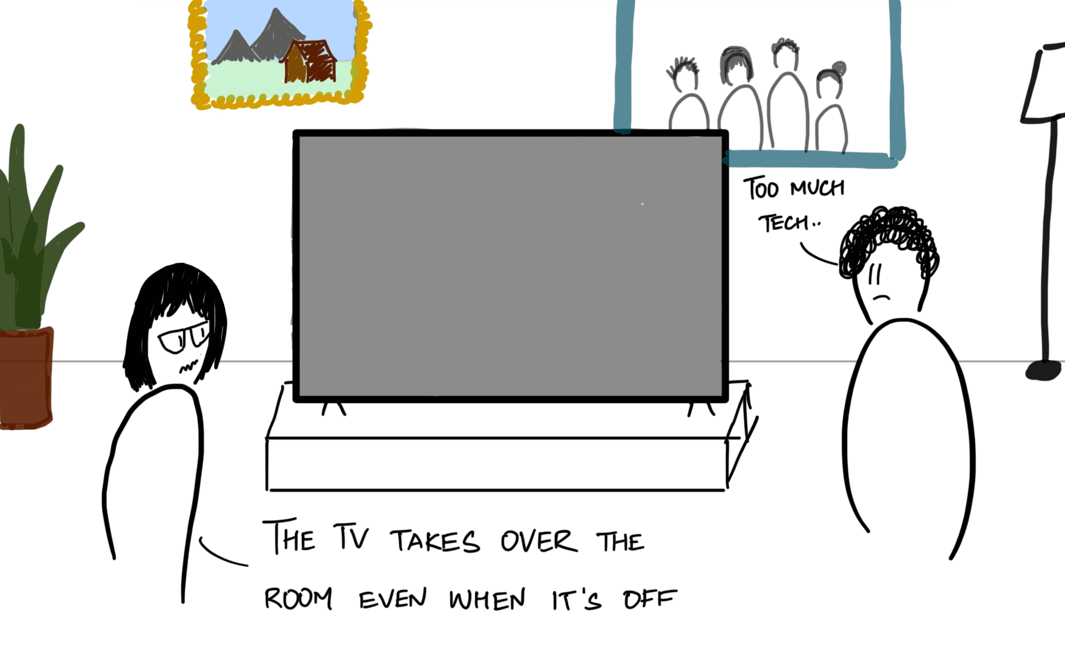 An illustration of two people complaining that their TV takes up too much space in their living room.