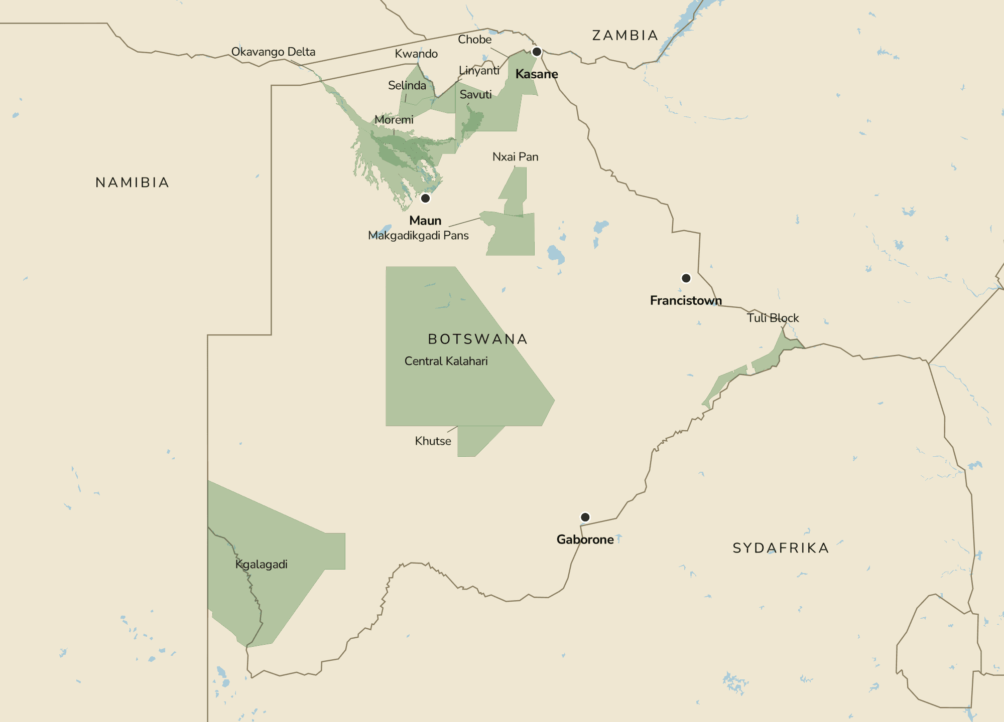 Kort over Botswana med Safarikompagniets safariområder: Okavango-deltaet, Moremi og Chobe samt Victoria Falls.