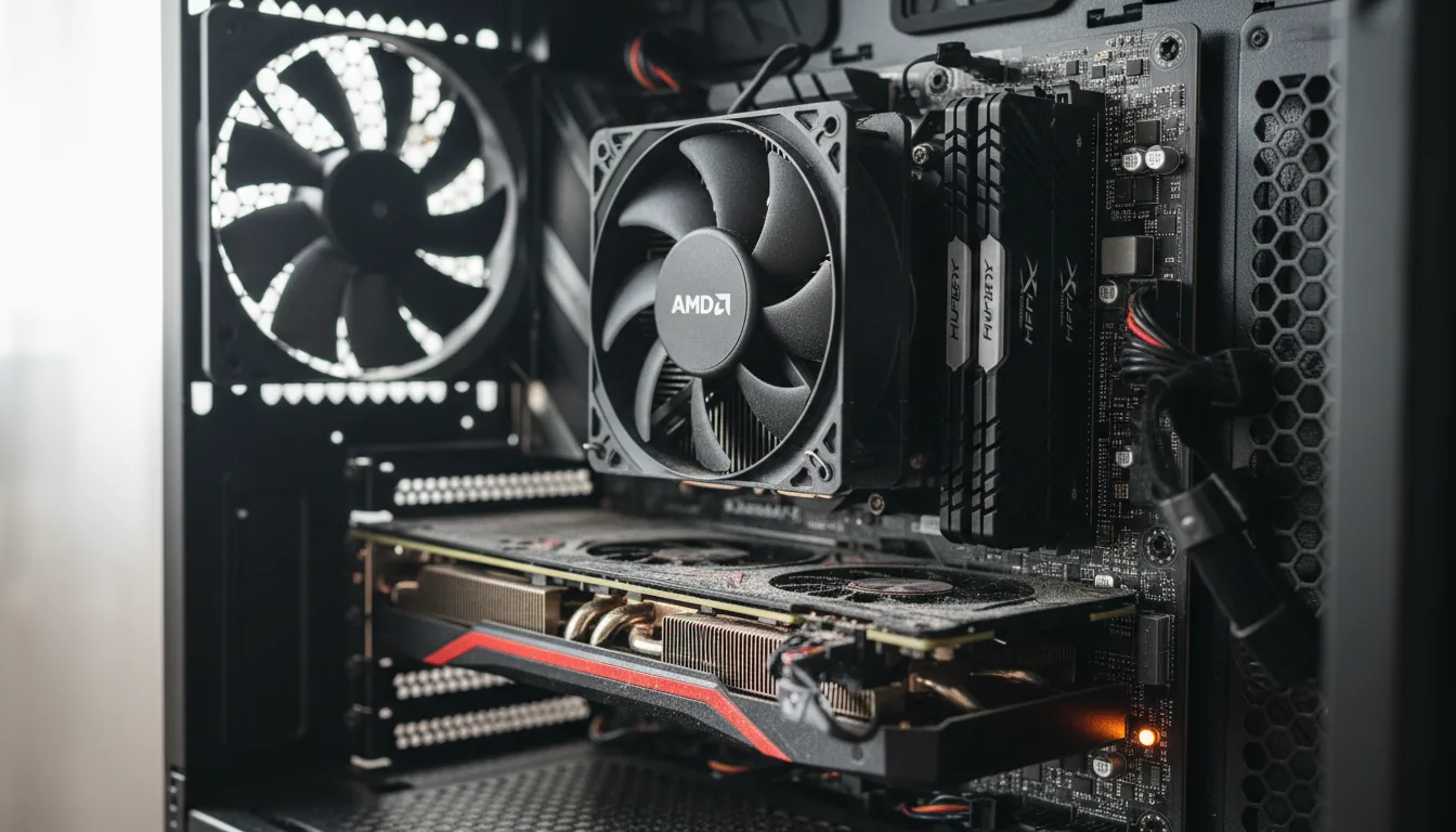 DSLR photograph of the interior of an open-sided PC workstation, illuminated by soft natural daylight. A black circular AMD CPU cooler and two black HyperX RAM sticks are in sharp focus. A dusty graphics card and motherboard are visible below, with a single warm orange LED glowing. The background shows a large case fan behind a hexagonal grille, softly blurred by a shallow depth of field.