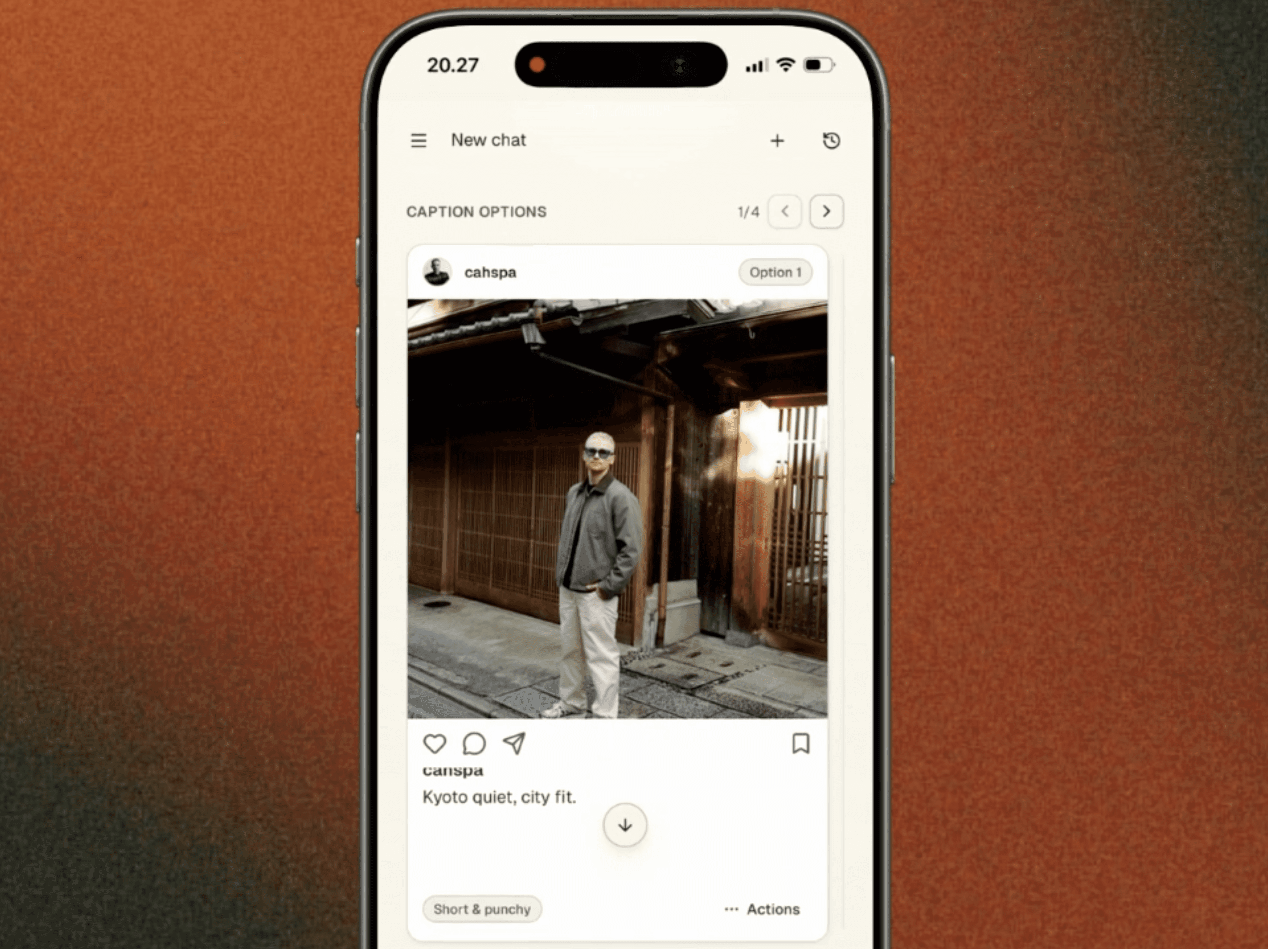 Caima App's AI chat for Instagram post caption mockup on iphone