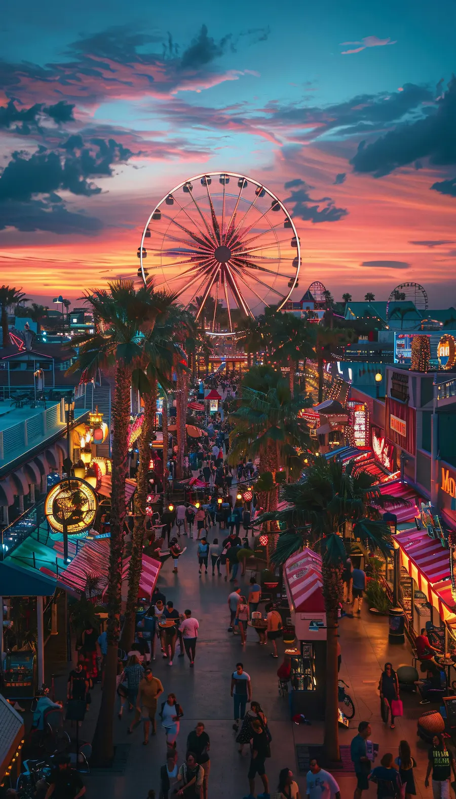 Miami beachfront boardwalk at sunset with a Ferris wheel, palm trees, and lively night market lights.