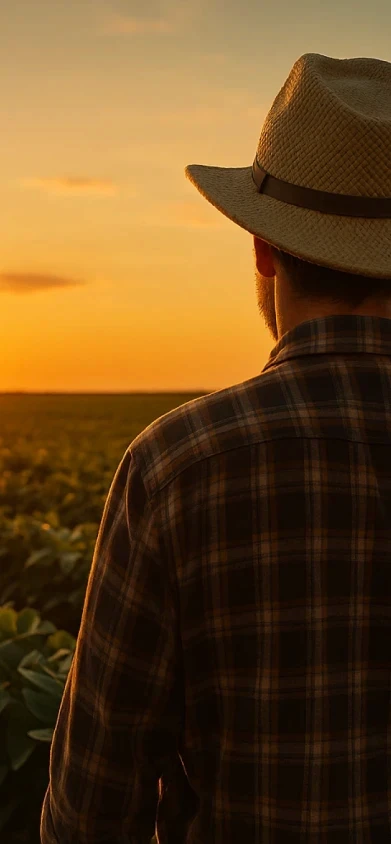 Imagem de um produtor olhando o horizonte da sua plantação