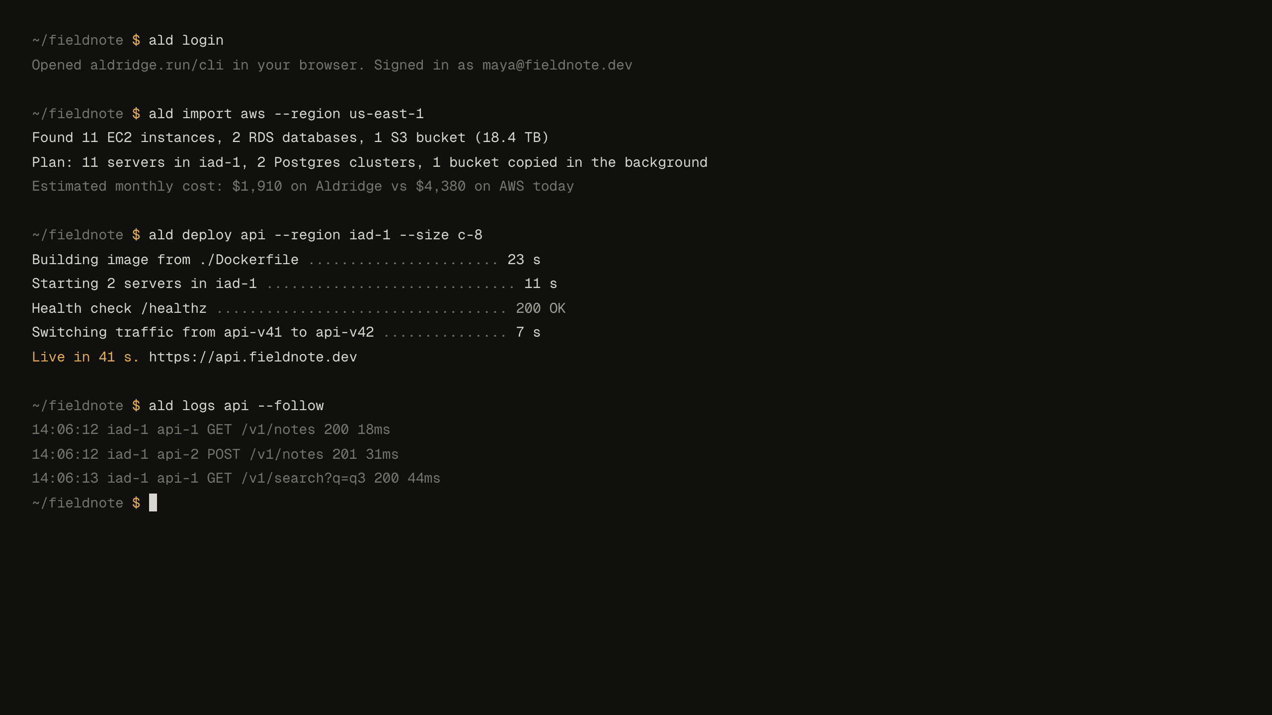 Aldridge console: Terminal, ~/fieldnote