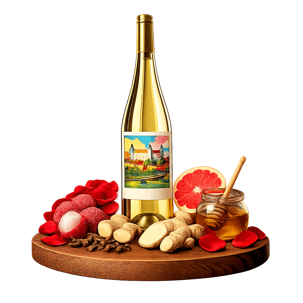 Artistic label and flavor profile for Slovak Tramín Červený on a rustic wooden table.