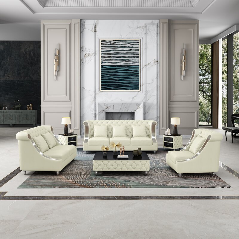 Luxury leather sofa set with a sleek design, including three pieces for a coordinated and upscale living space.