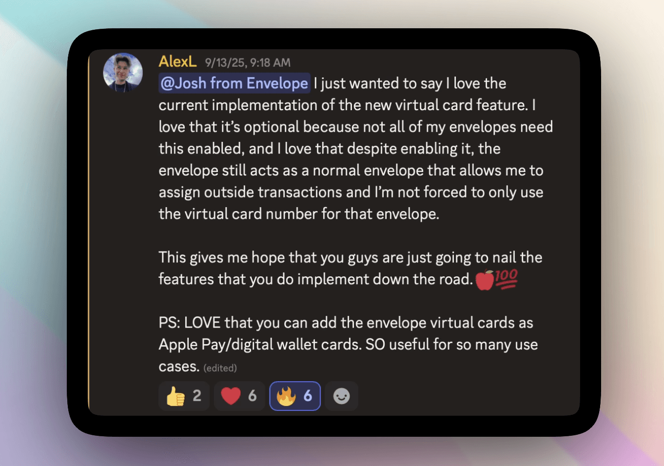 Envelope card details and controls