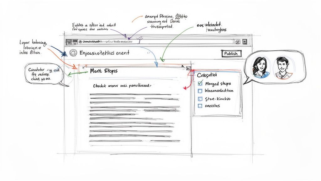 Sketch of a web interface for creating a step-by-step guide, with notes and user avatars.