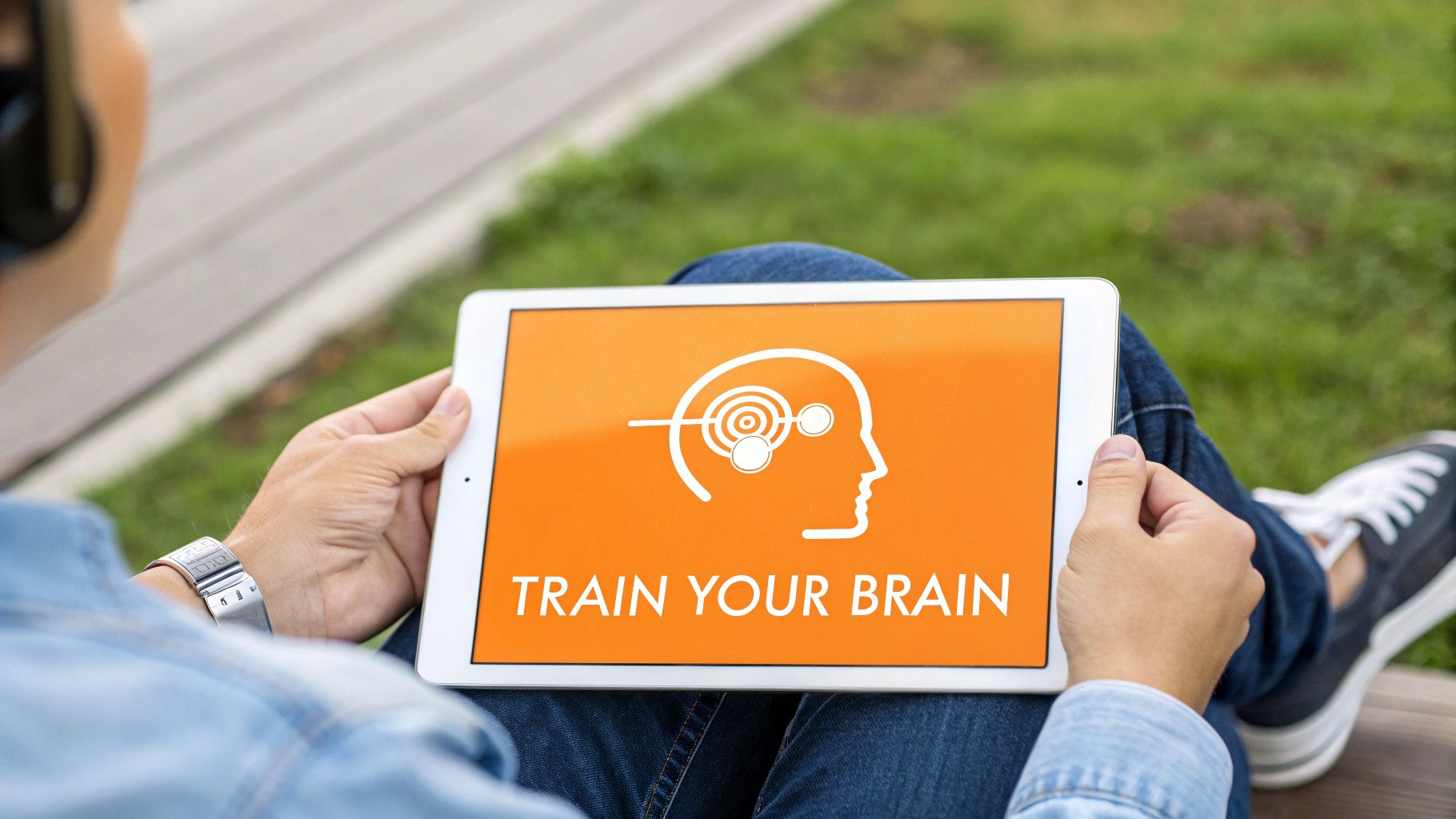 A young person uses a tablet for engaging, game-like brain training exercises.