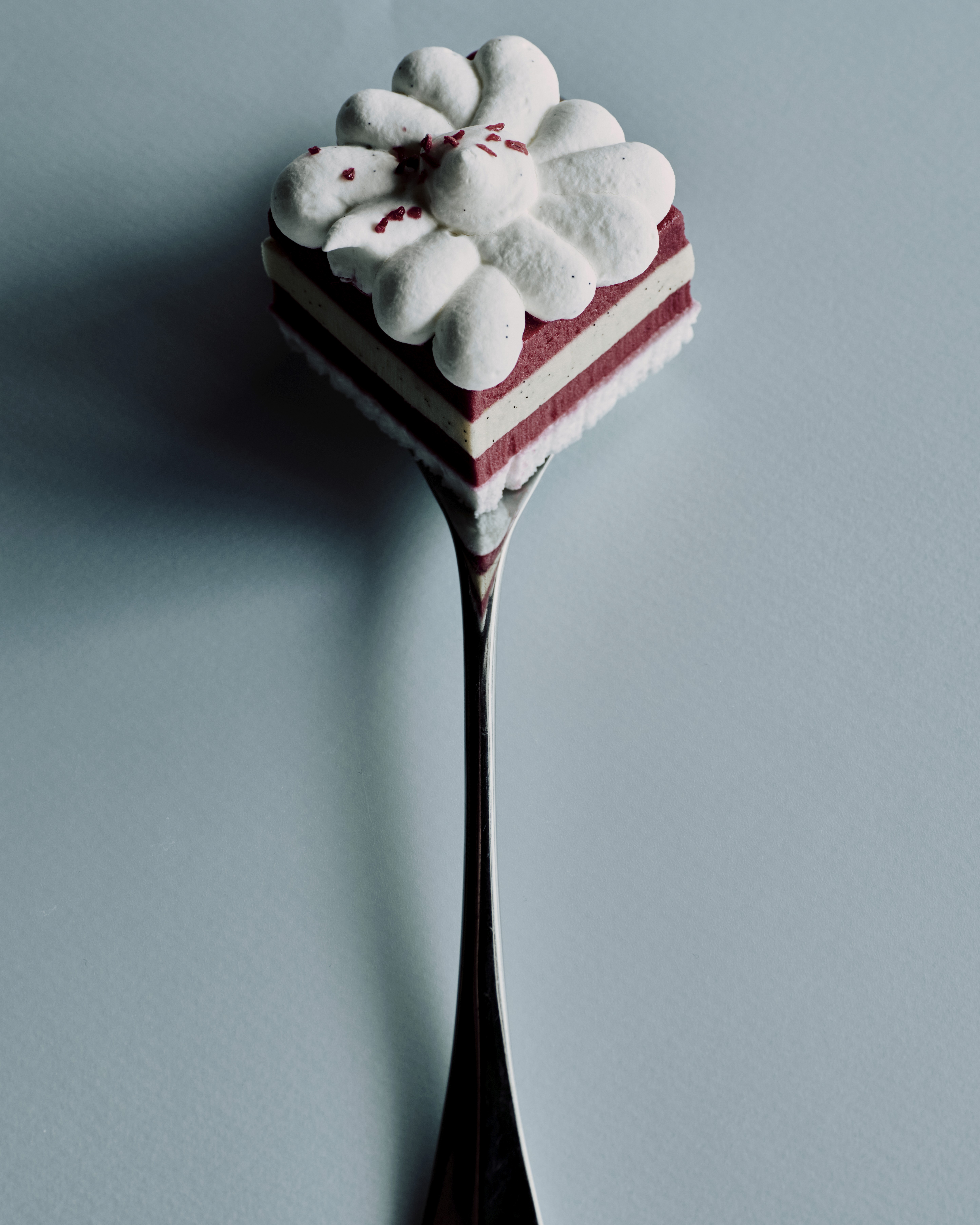 Mini entremets rouge et blanc en forme de fleur, tenu par une fourchette sur fond bleu clair