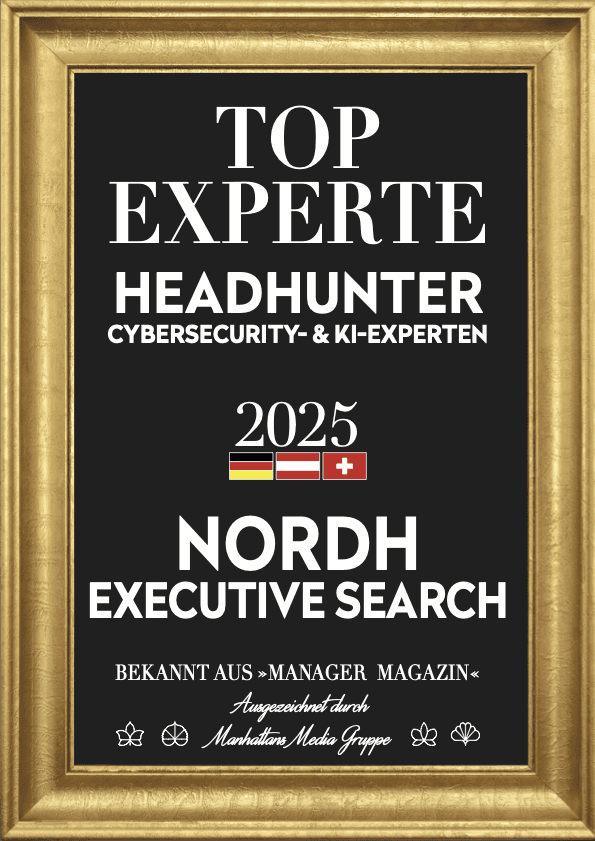 The image features a gold-framed plaque with the title "Top Experte" highlighting accolades for headhunter expertise in cybersecurity and AI, along with flags representing Germany, Austria, and Switzerland, and the year 2025.