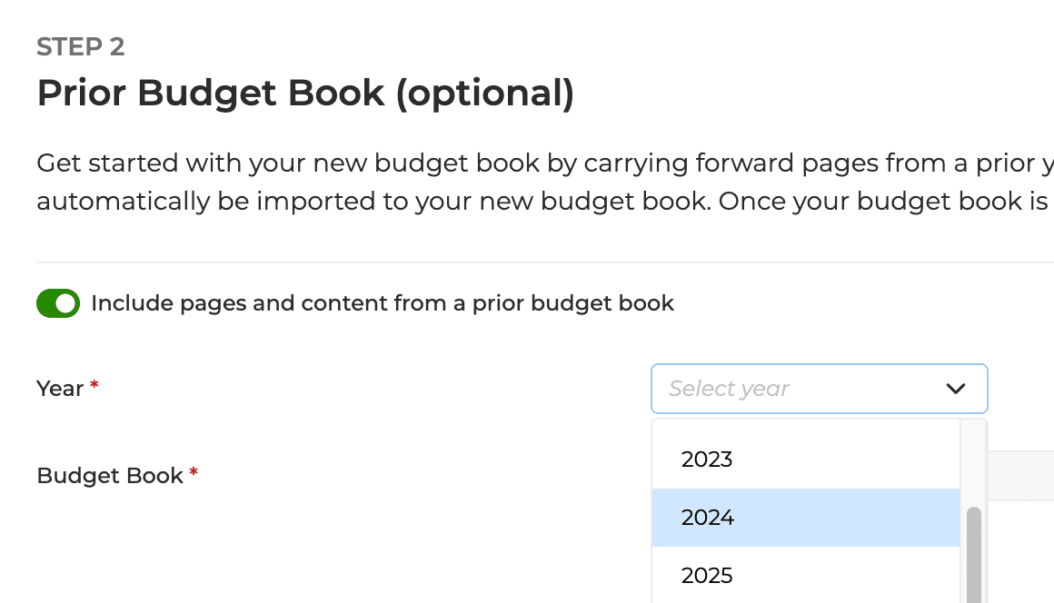 Interface controls for carrying forward prior budget books 