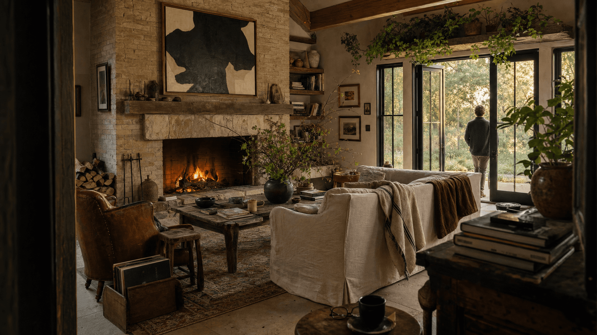 Planned project visualization of an art-filled River Valley living room with a limestone fireplace, collected furniture, books, planting, and a garden door.