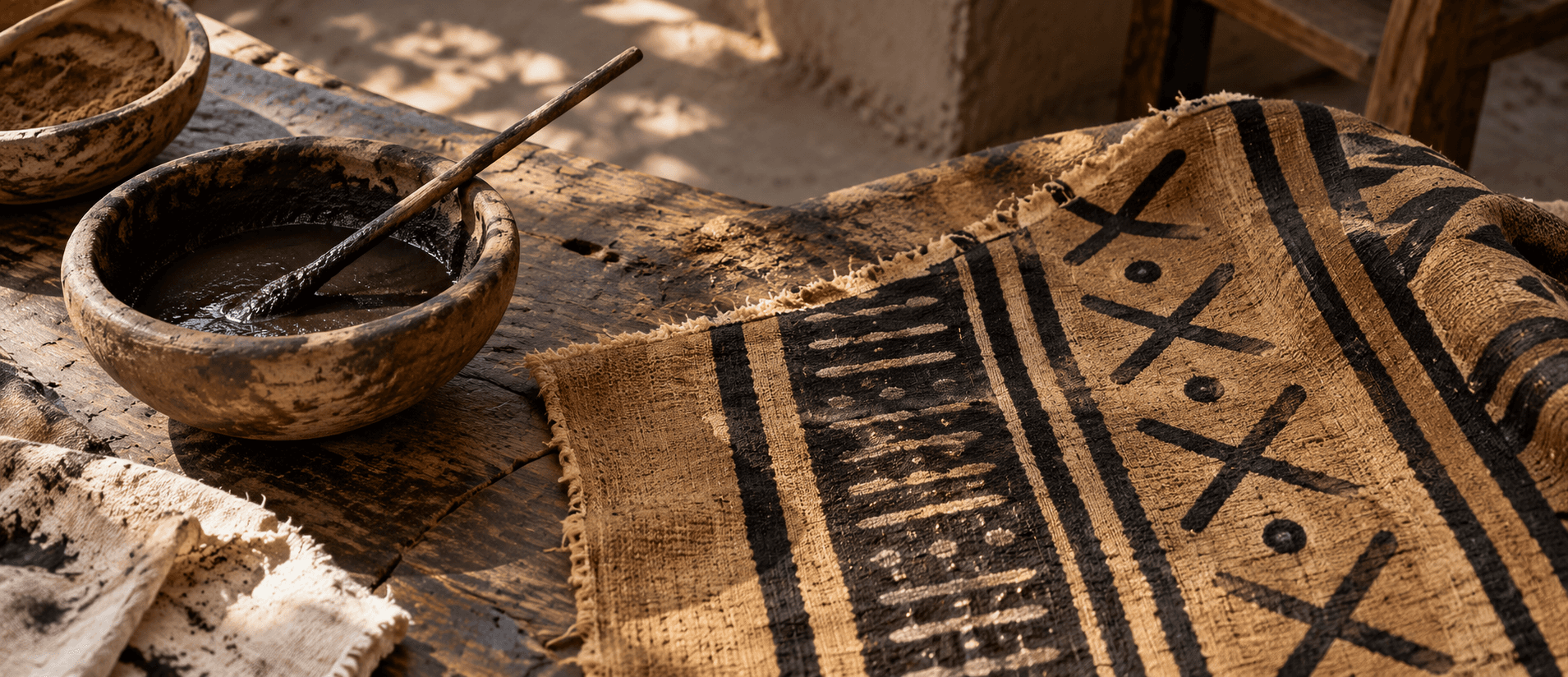 Bògòlanfini cloth with natural dye, bowl and hand-working tools.