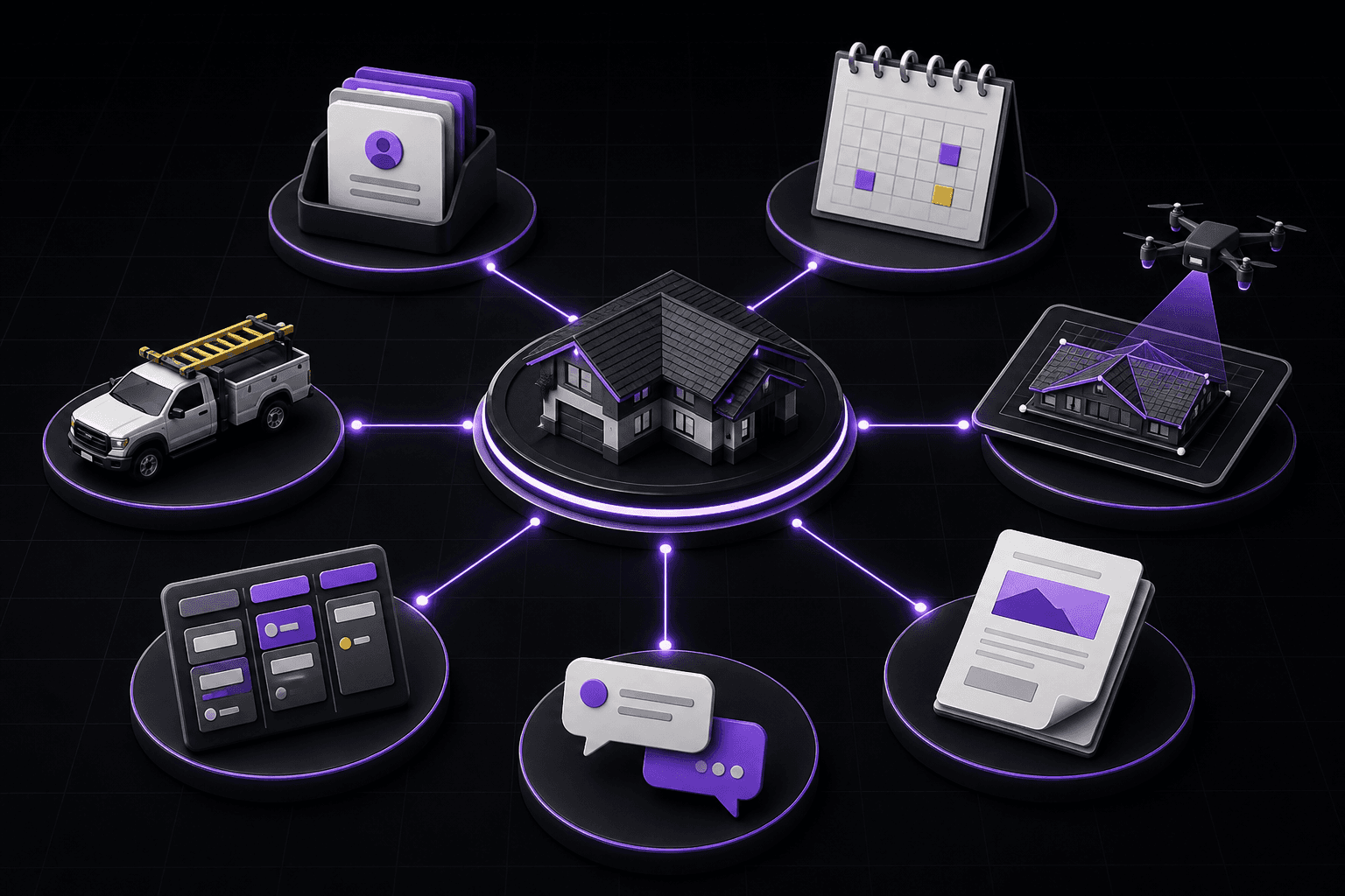 Sunate-style roofing operations hub connecting seven AI-assisted workflows for contractors