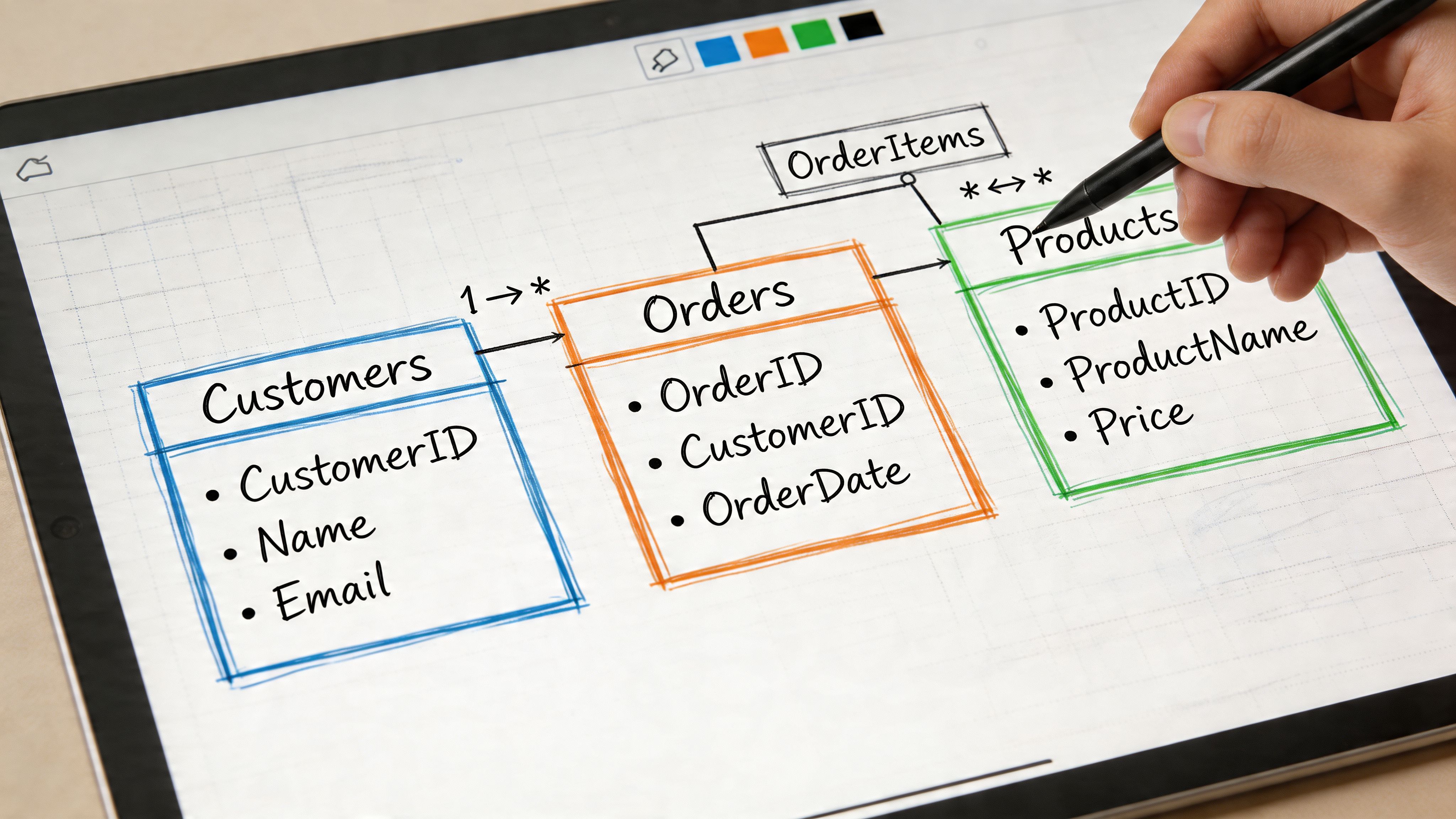 A hand using a digital pen to design a database schema showing relationships between tables on a tablet.