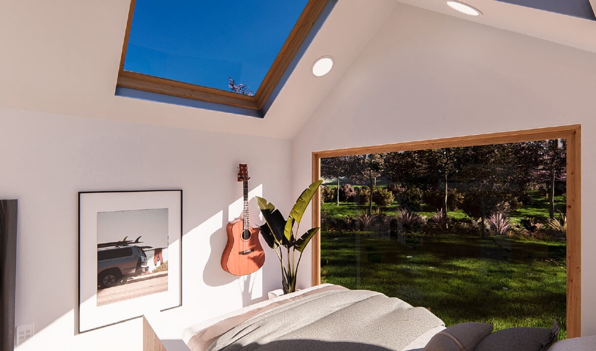 One level tiny house with downstairs bedroom