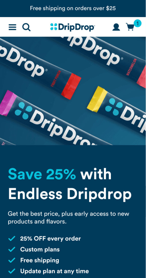 Mobile landing page for DripDrop highlighting subscription savings offer