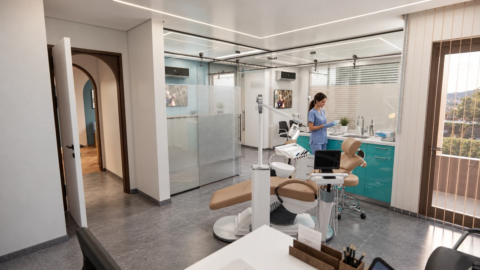 Treatment-room render with a dental chair, clinical equipment and glazed partitions — Dentist Clinic, Cairo, Arc In Space
