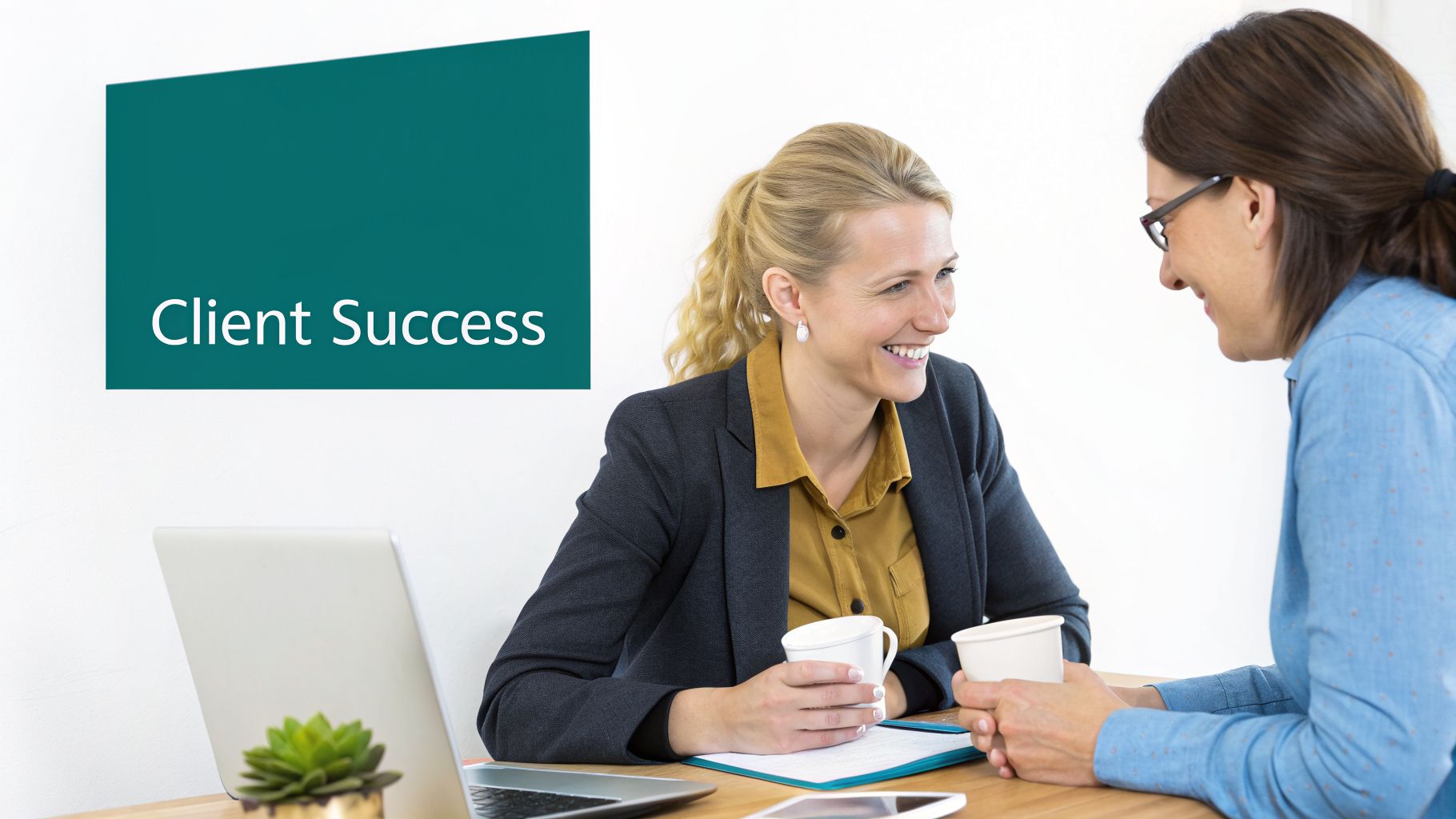 Two smiling women discuss client success at a desk with a laptop and coffee cups.