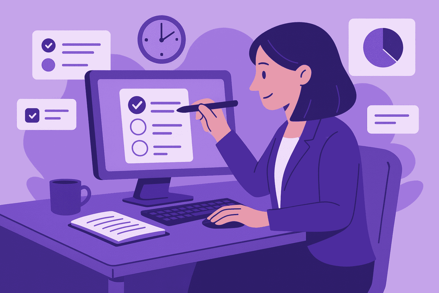 A flat-style digital illustration of a professional woman at a desk tracking tasks on her computer, surrounded by floating task windows and progress icons, symbolizing efficient time management and productivity.