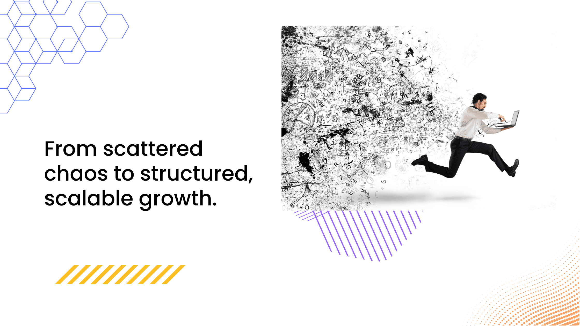 Coach leaping from chaos into structure, symbolizing transition from scattered tools to a scalable, organized coaching business hub.