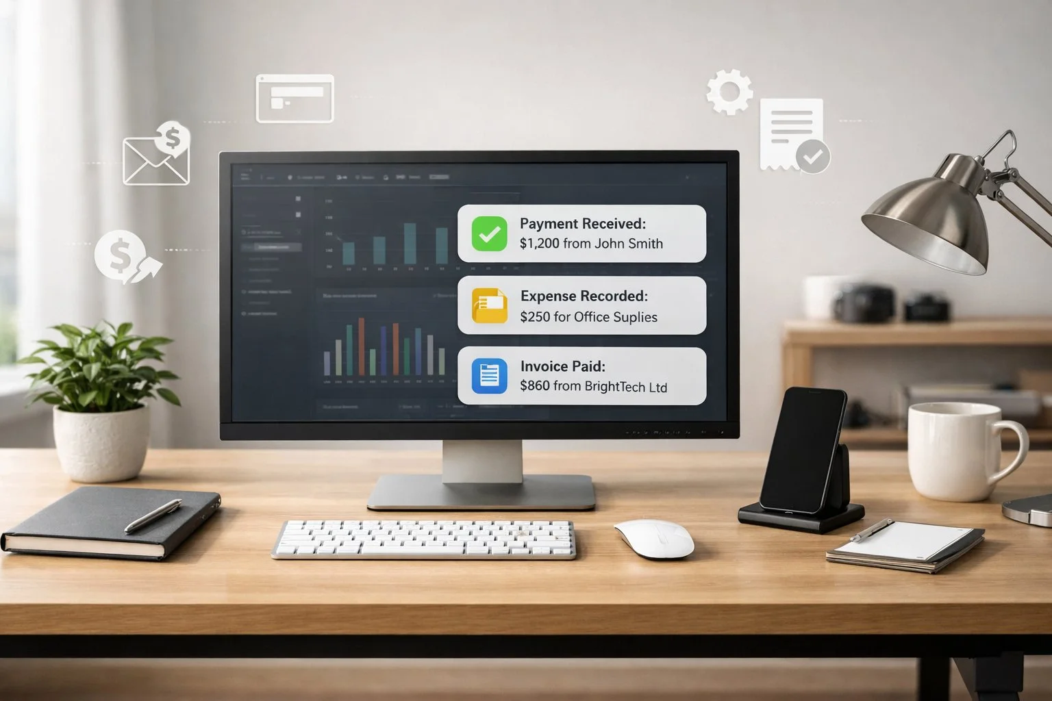 Tidy workspace with on-screen automated transaction notifications, symbolizing reduced manual effort and streamlined workflow.