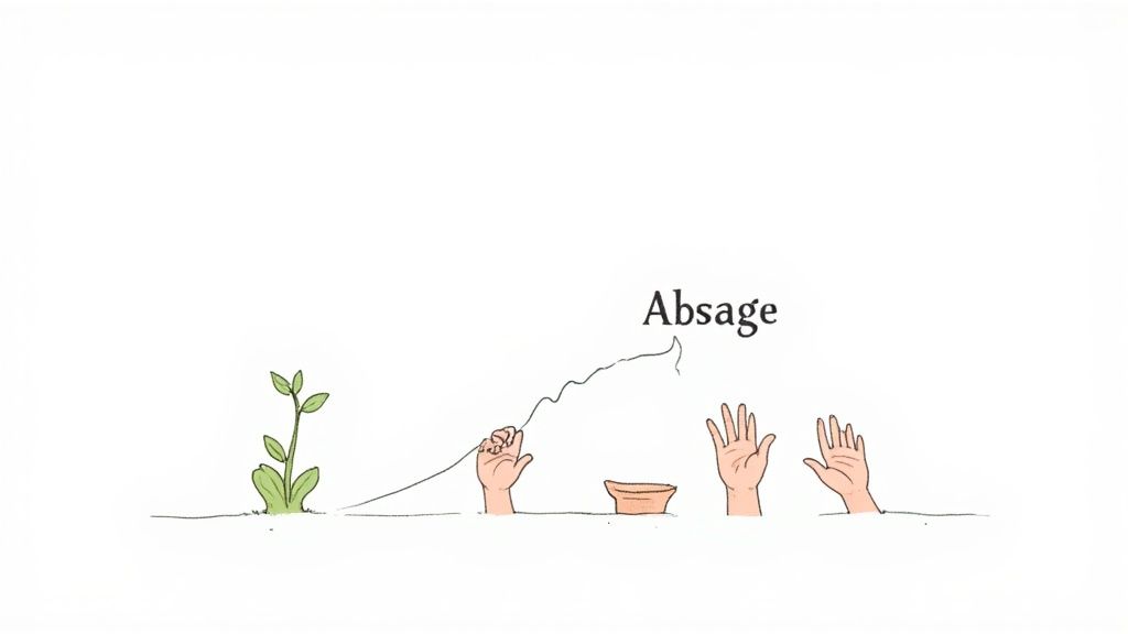 Eine wachsende Pflanze, Hände, ein Topf und das Wort 'Absage', verbunden durch einen Faden.