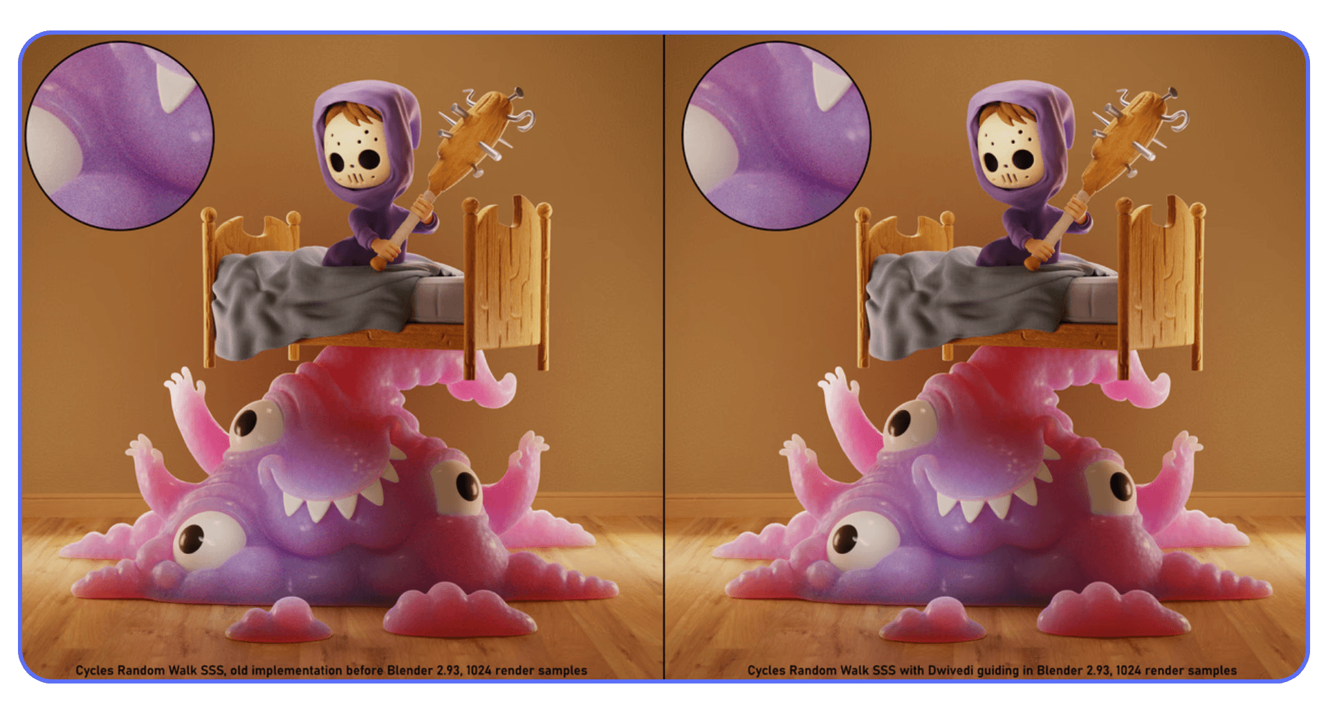 Side-by-side Blender Cycles render comparison showing subsurface scattering quality differences at the same sample count