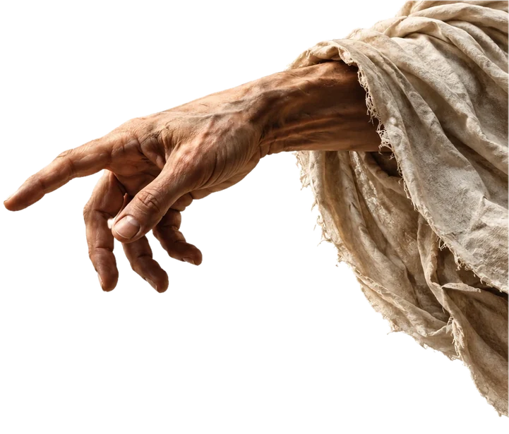A hand reaching back in a linen sleeve