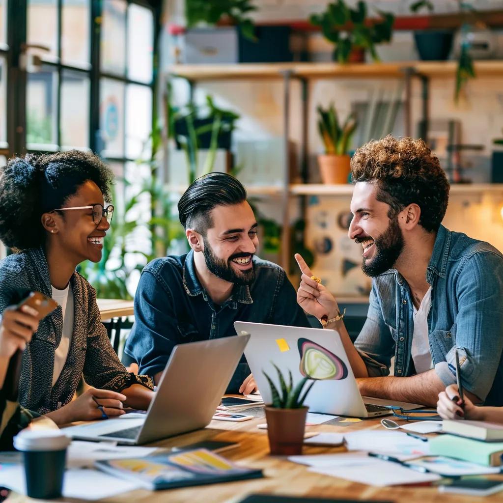 Ecommerce founders collaborating on social content in a bright, modern workspace