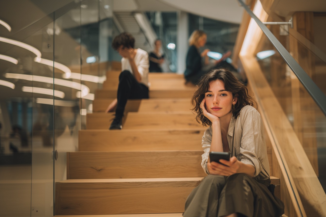 Frau sitzt auf Holztreppe