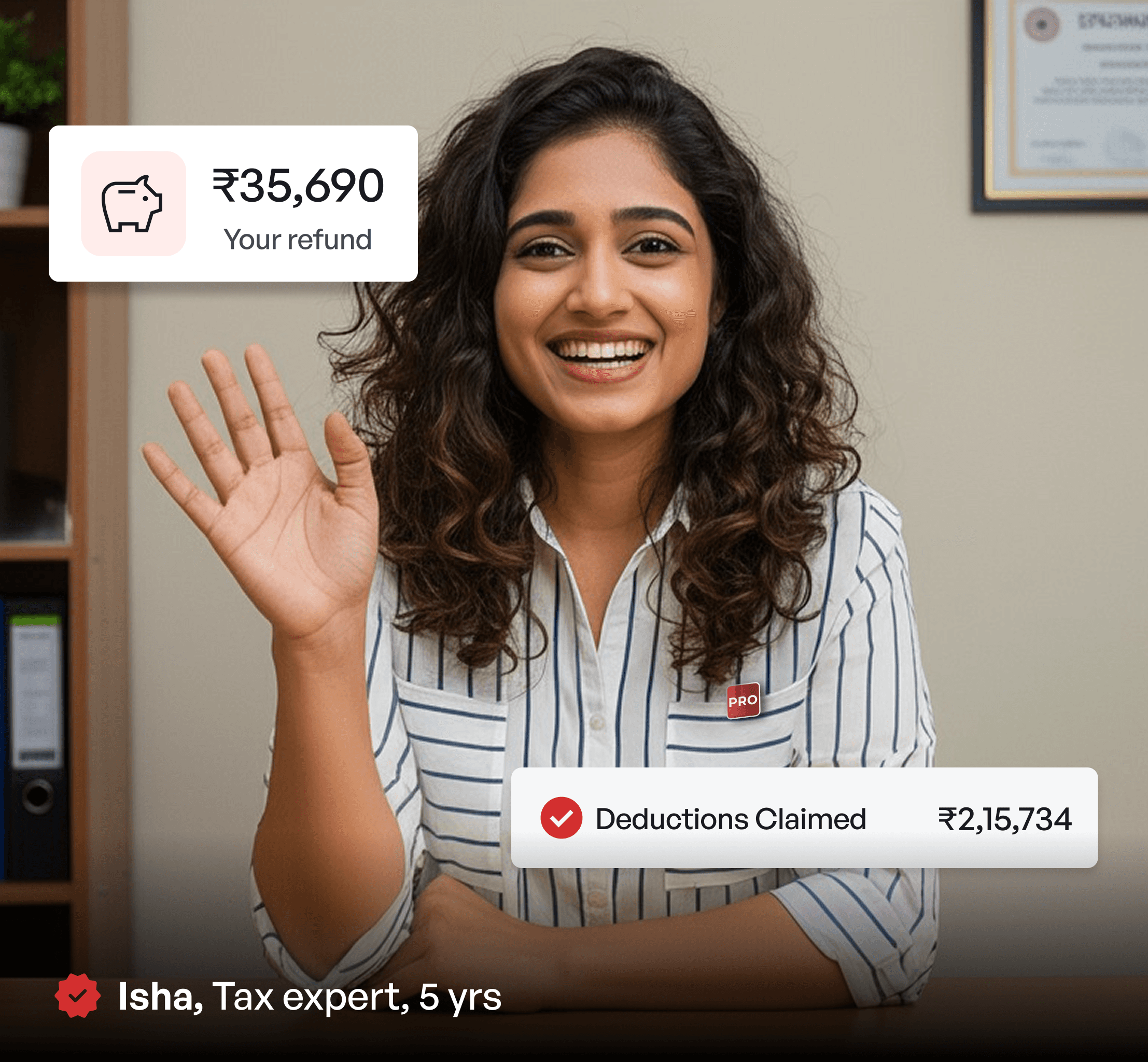 Isha, a tax expert with 5 years of experience, greeting on Meet.