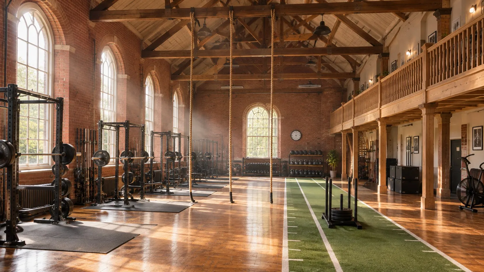 The main hall of the old Mare Street Gymnasium: tall arched windows, climbing ropes hanging from the timber roof, the pine mezzanine balcony and a green turf sled track down the length of the floor