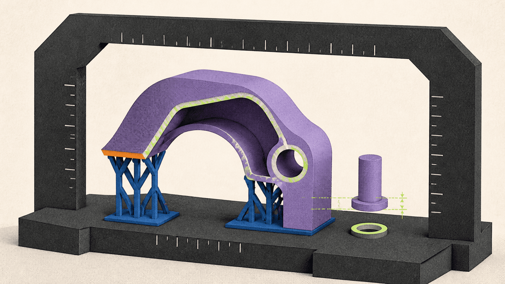 A 3D model being checked for physical scale, wall thickness, overhang support, and part clearance.