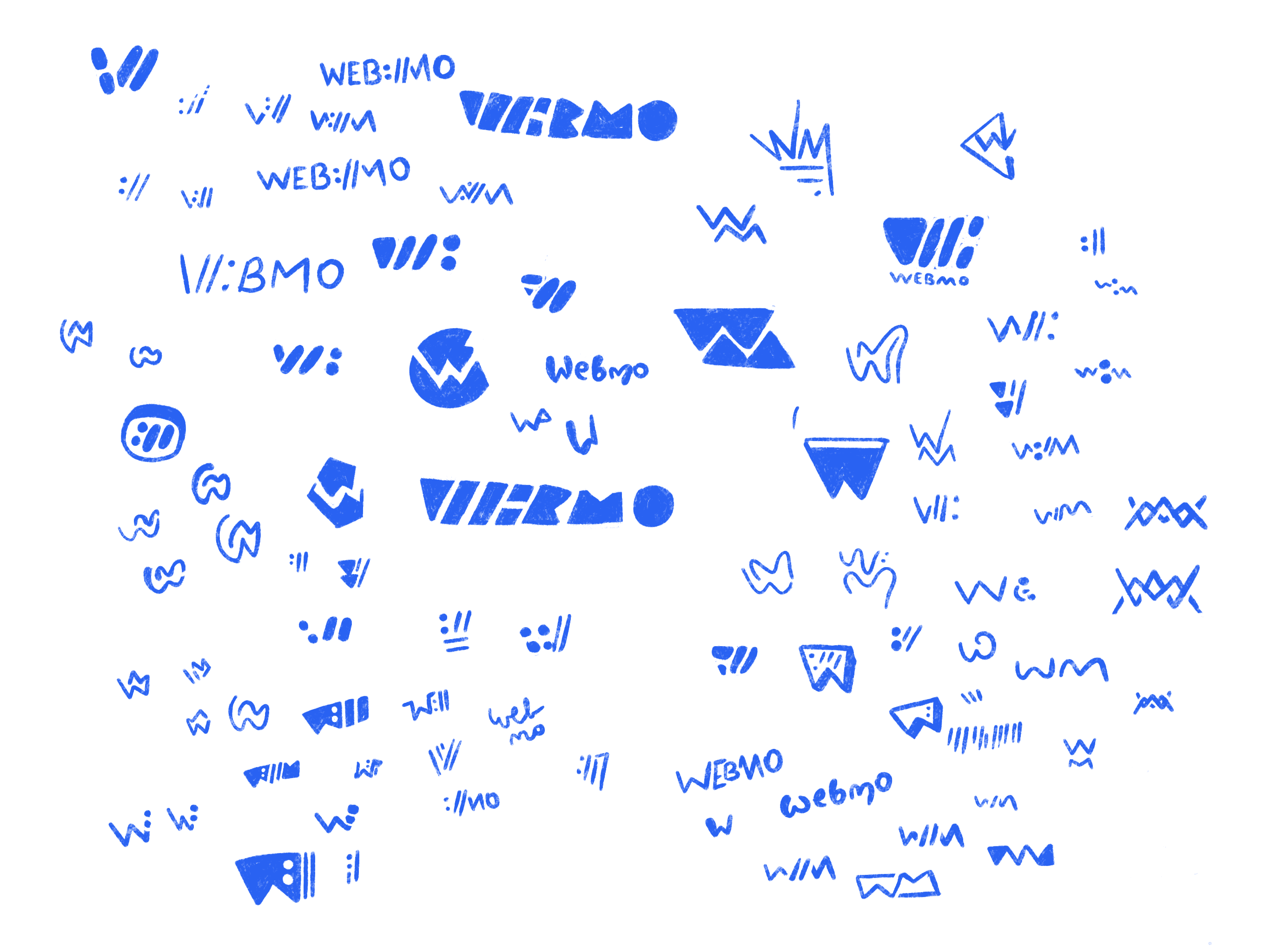 A screenshot of sketches for Webmo logo. Some of the sketches contain W's and M's in funky styles, many W's in geometric, and some word marks. 