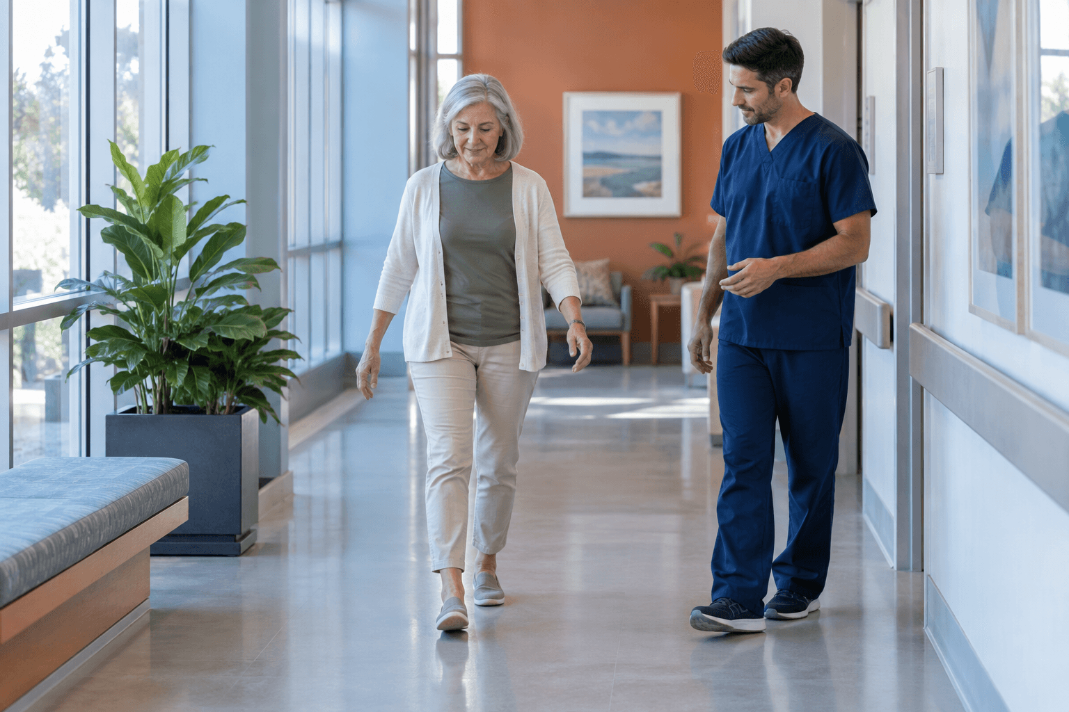 Clinician observing an older patient walking during a neurological assessment