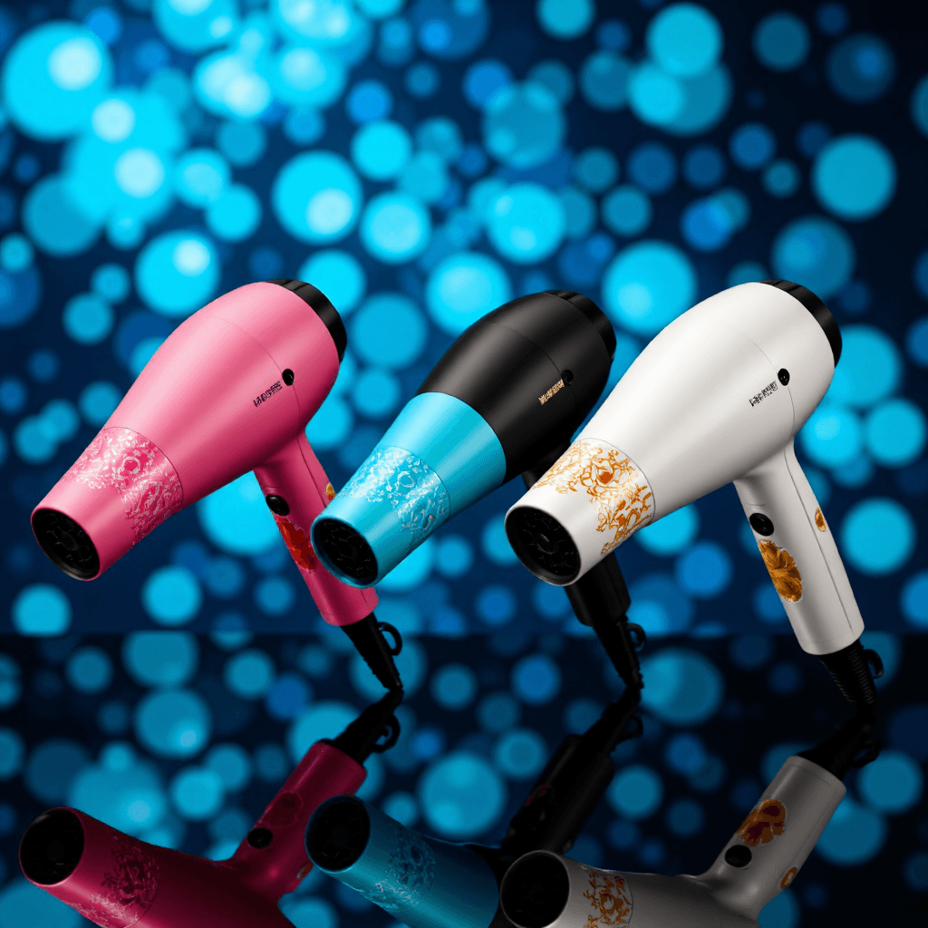 product photography of a set of hair dryers with colorful designs
