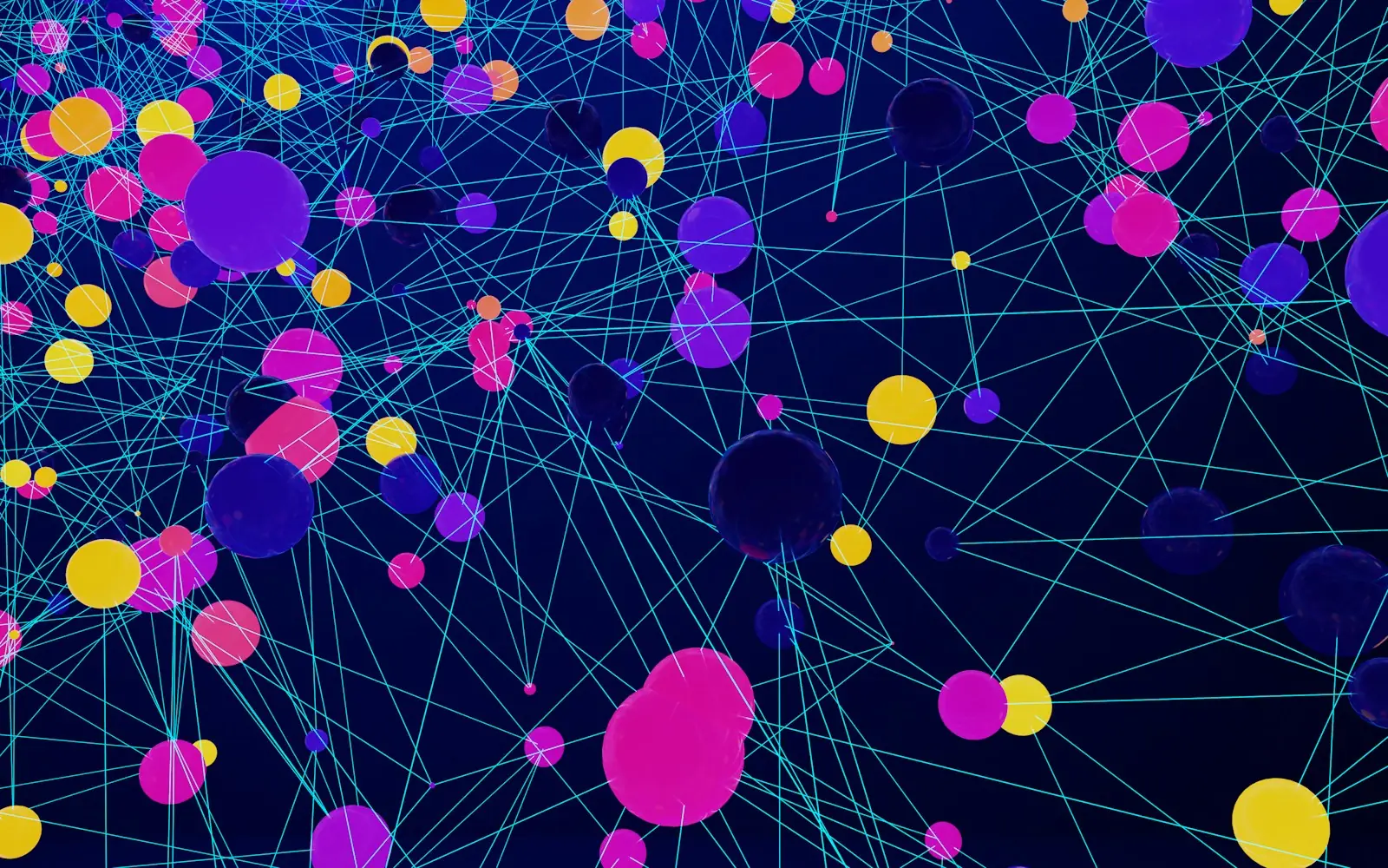 Abstract 3D render of pink, purple, yellow and navy spheres linked by thin turquoise lines on a dark blue background, like a network of connected nodes