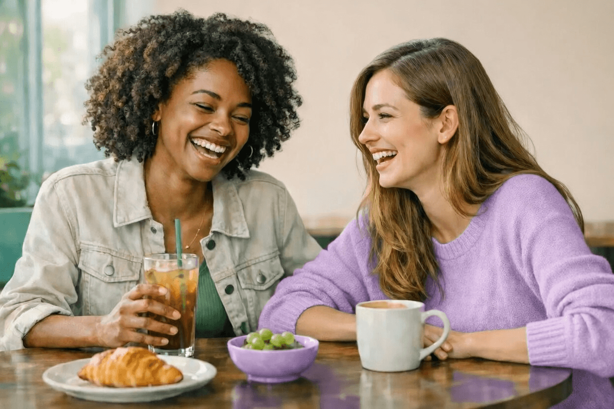 Two friends laughing over coffee and croissants at a cafe