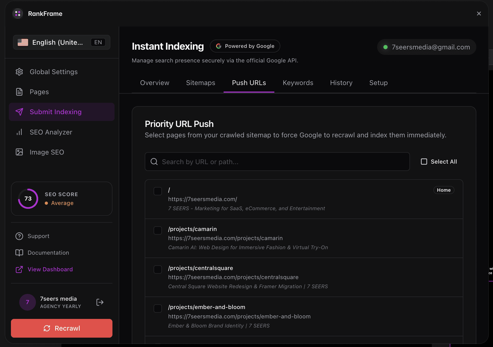 Instant Indexing setup in RankFrame