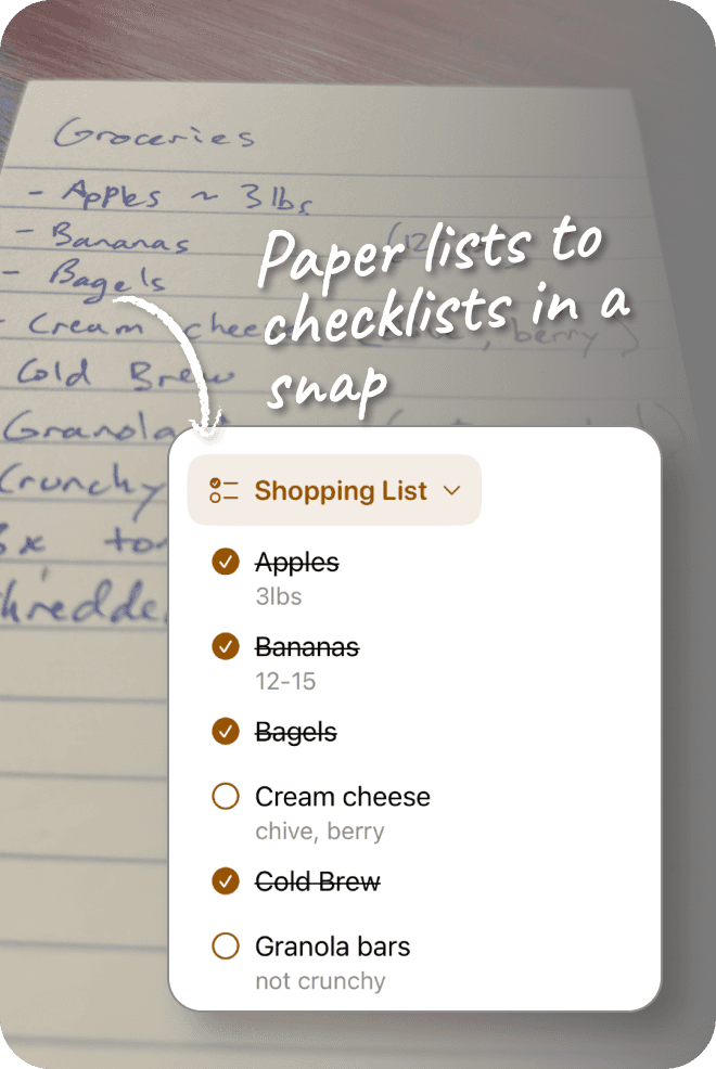 An example use showing a paper grocery list that Memcam has transcribed to a tappable checklist in the app. Headline is 'paper lists to checklists in a snap'.