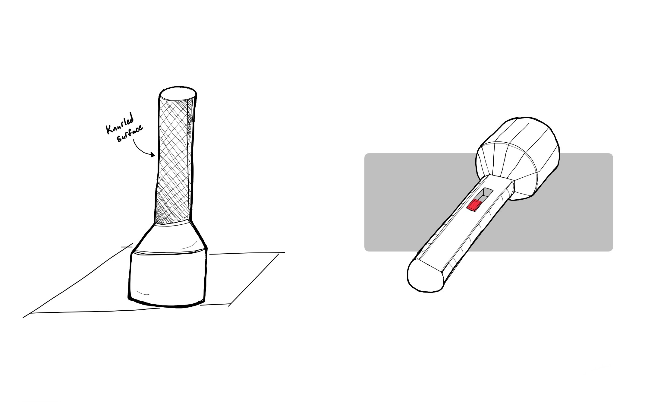 Hand-drawn sketches of a futuristic flashlight consumer product concept. This image conveys the early brainstorming and conceptual phase of product development, highlighting how initial ideas are visualized.