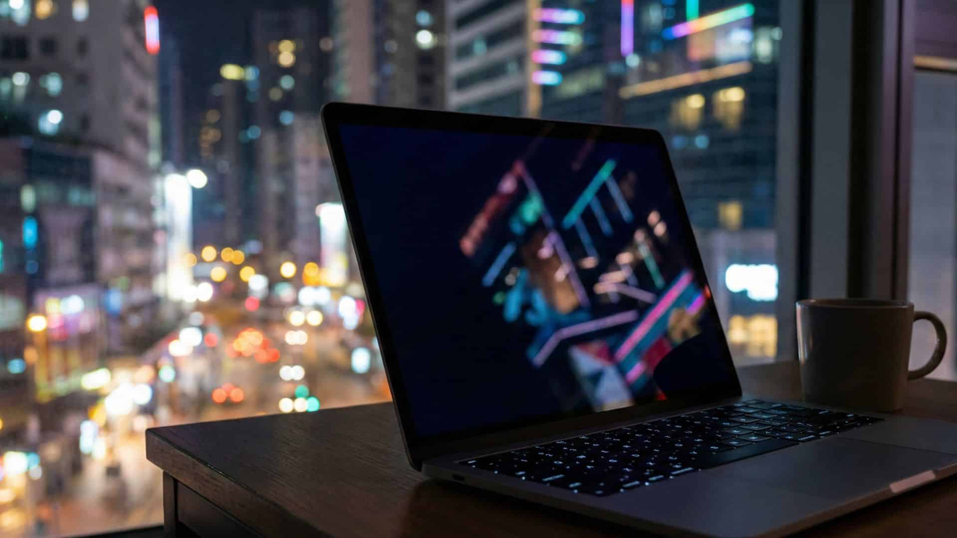 nighttime laptop city lights ai remote work
