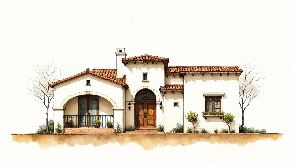 Watercolor illustration of a charming Mediterranean-style house with white walls and terracotta roof tiles.