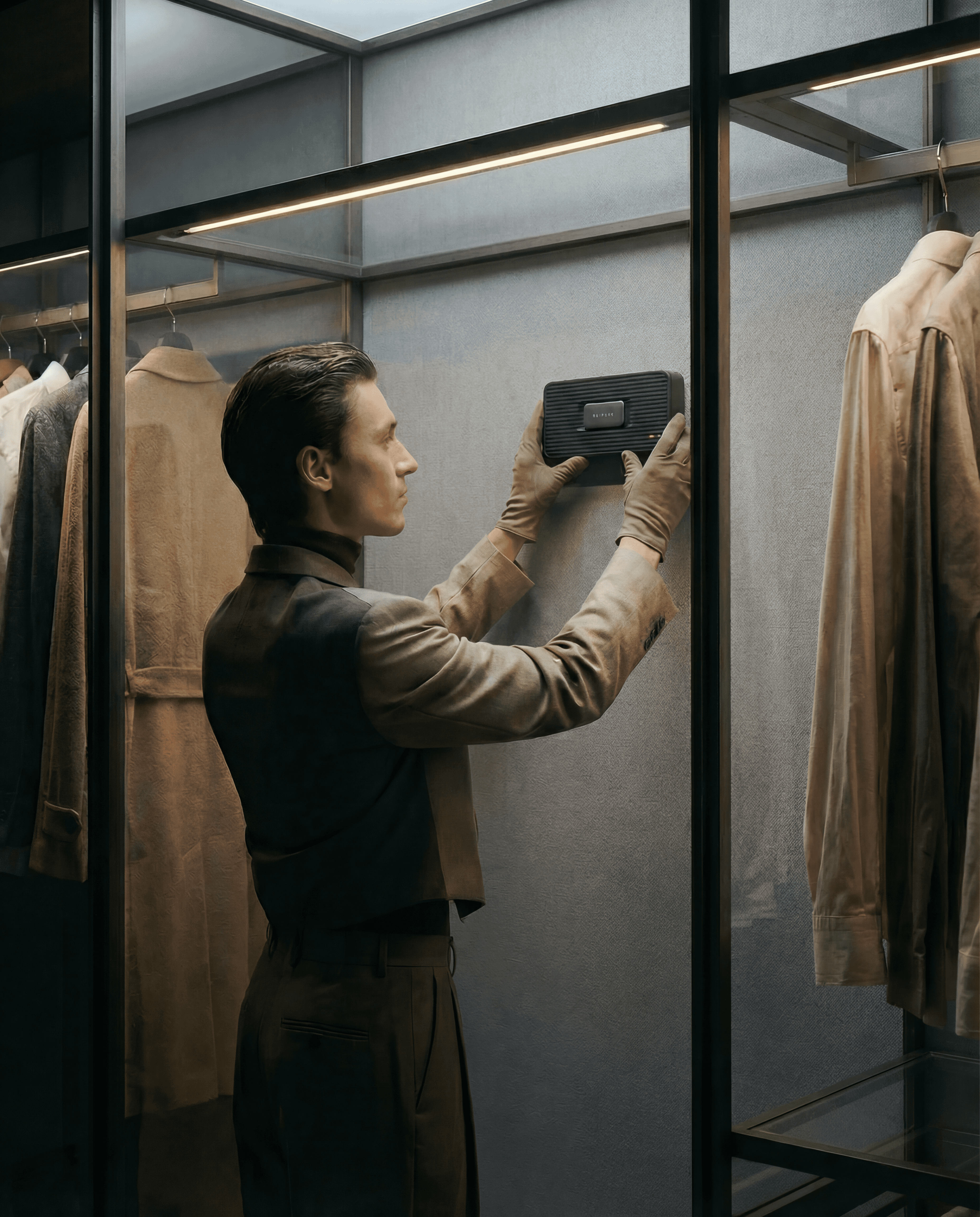 Close-up of a modern black device with a circular button and sleek design, showcasing its minimalistic and industrial aesthetic.