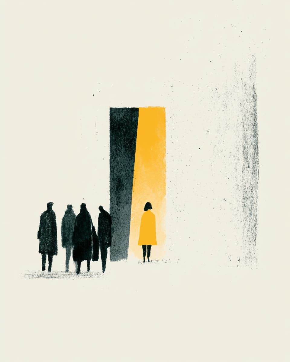 Illustration: Menschen vor einem Tor. Eine Person steht im Licht, andere im Schatten.