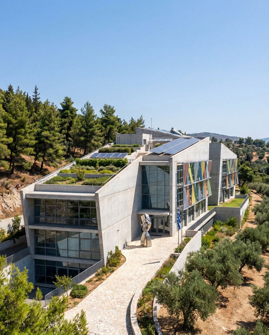 Modern Greek school exterior representing innovative educational environments.