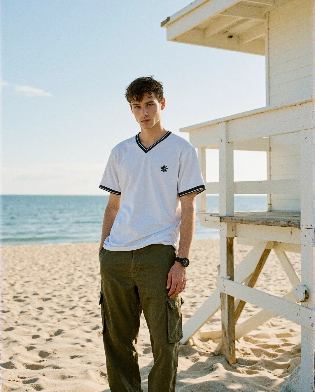 Coastal fashion scene with white v-neck shirt and olive cargo pants beside a white lifeguard tower on a sandy beach with ocean backdrop.
